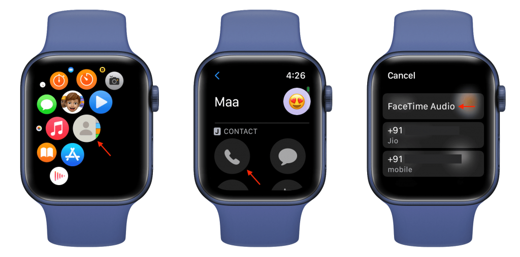 Use Contact app to make Facetime audio call on Apple Watch