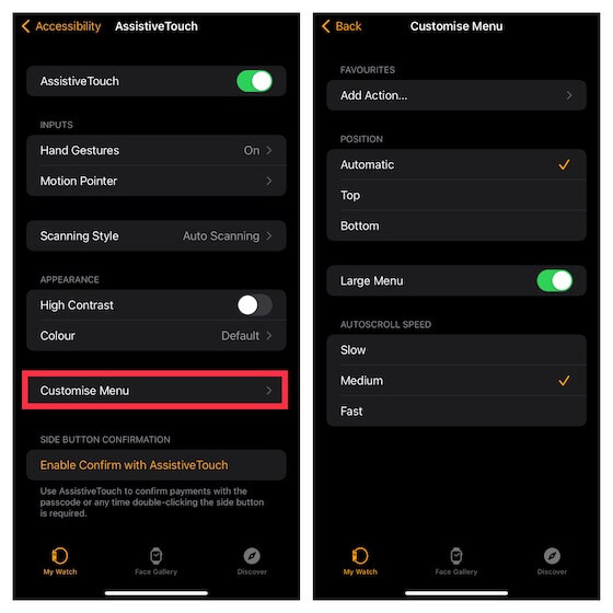 tap on customize menu to Use AssistiveTouch on Apple Watch