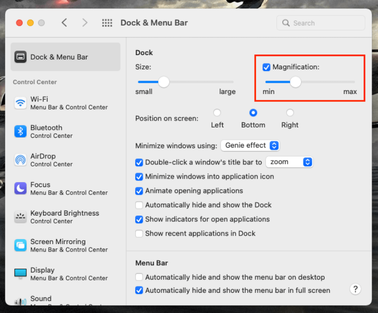 adjust magnification slider to customize dock on mac 