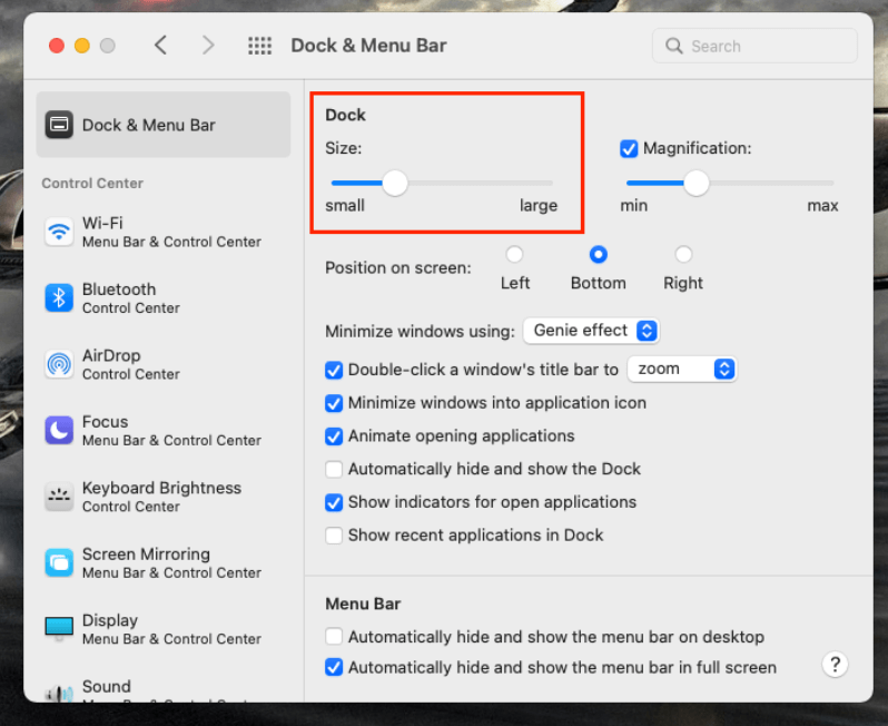 adjust the size to customize dock on mac 