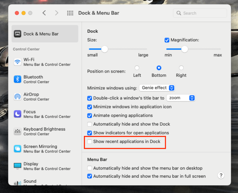 uncheck the box to customize dock on mac 