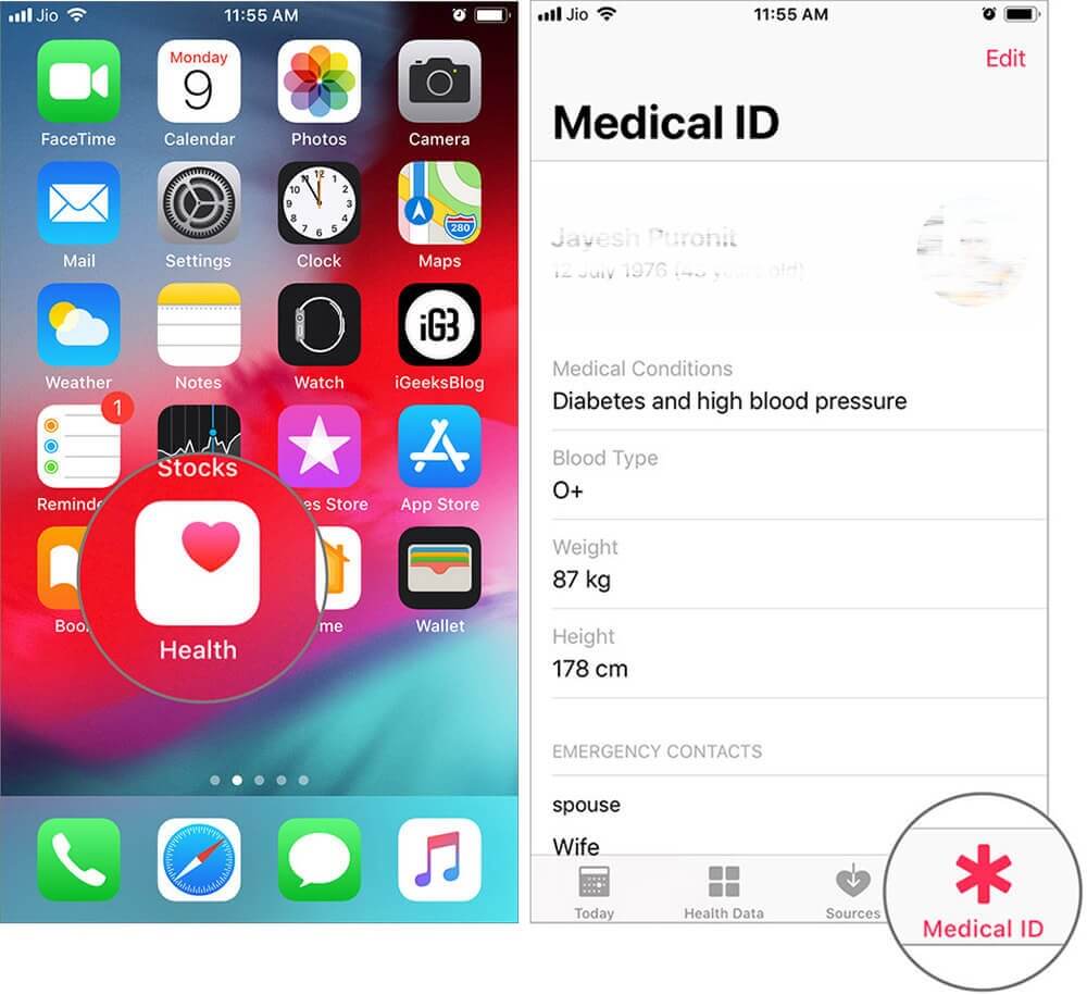 tap medical id in the health app 