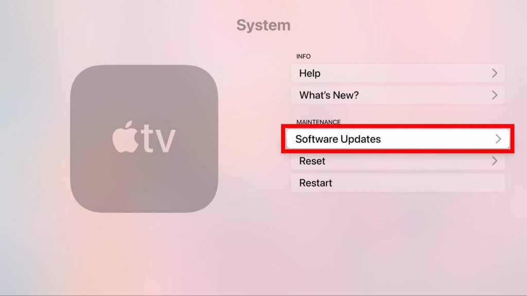 tap software updates to update apps on apple tv
