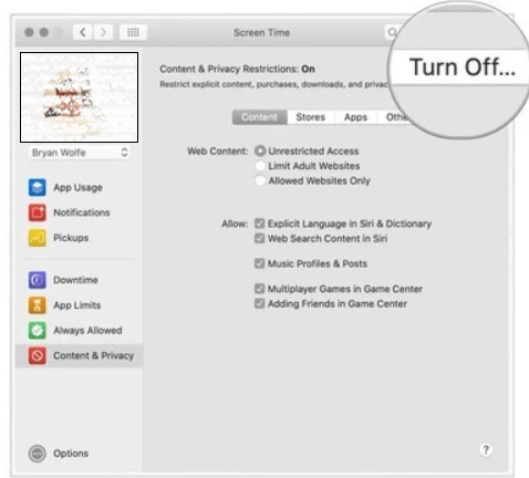 click turn off to use screen time on mac 