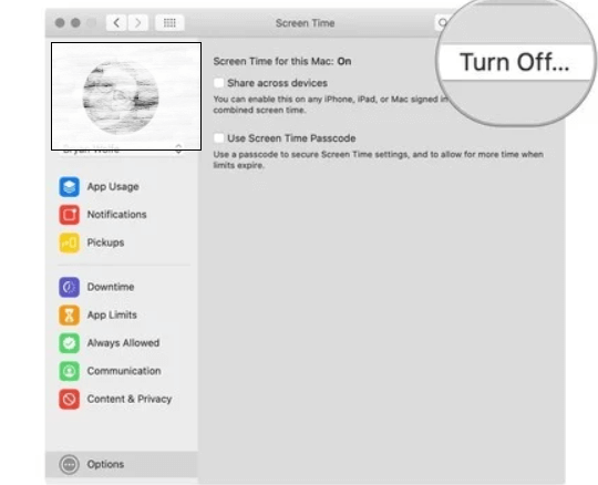 tap turn off to disable screen time on mac 