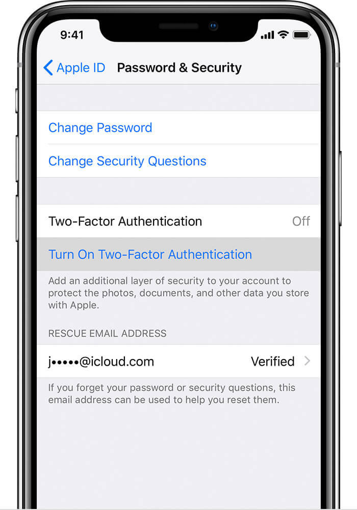 toggle the switch to enable two-factor authentication on iphone