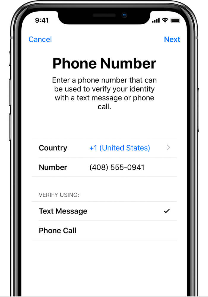 select the way to receive code to enable two-factor authentication on iphone