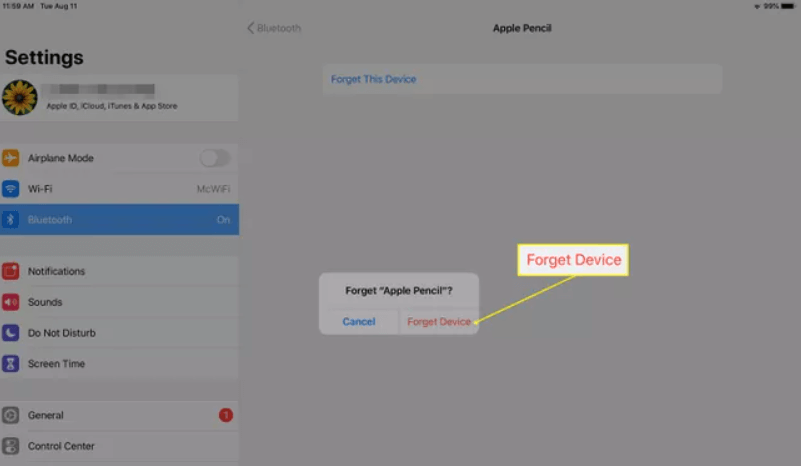 select forget device if your Apple Pencil Not Working