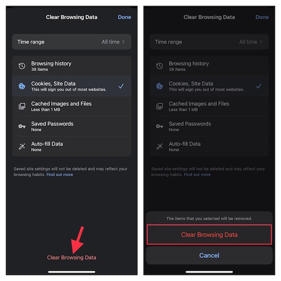 tap clear browsing data to Clear Cookies on iPhone