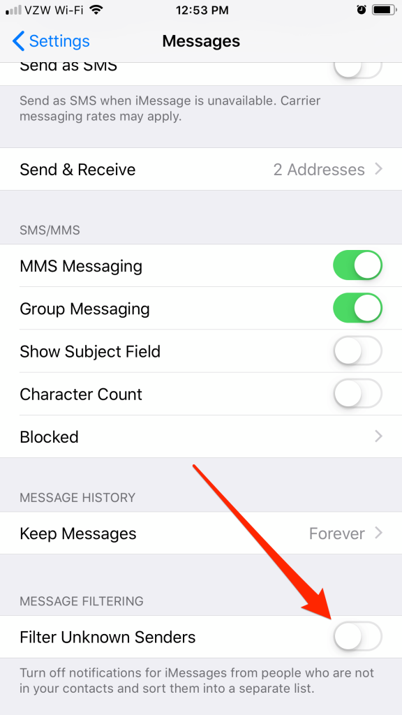 turn on filter unknown senders to hide messages on iphone 