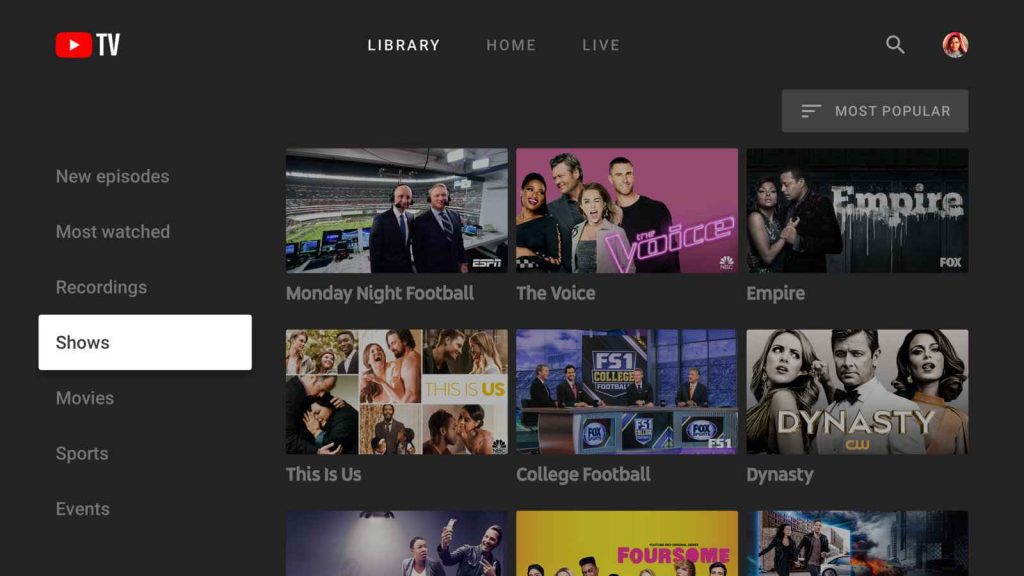YouTube TV library