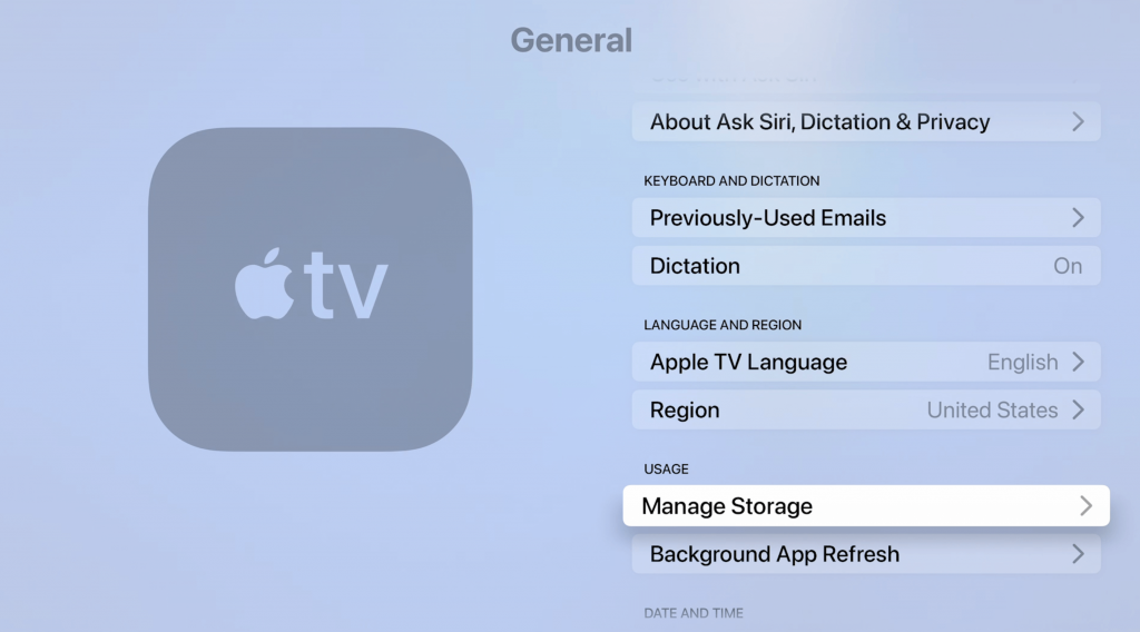 choose manage storage to delete apps on apple tv 
