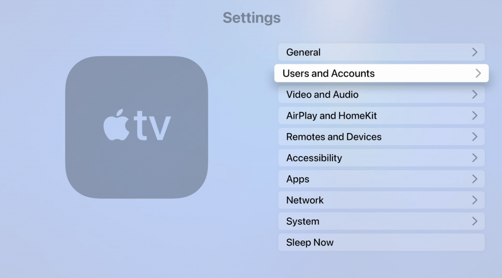 click on users and accounts to delete apps on apple tv 