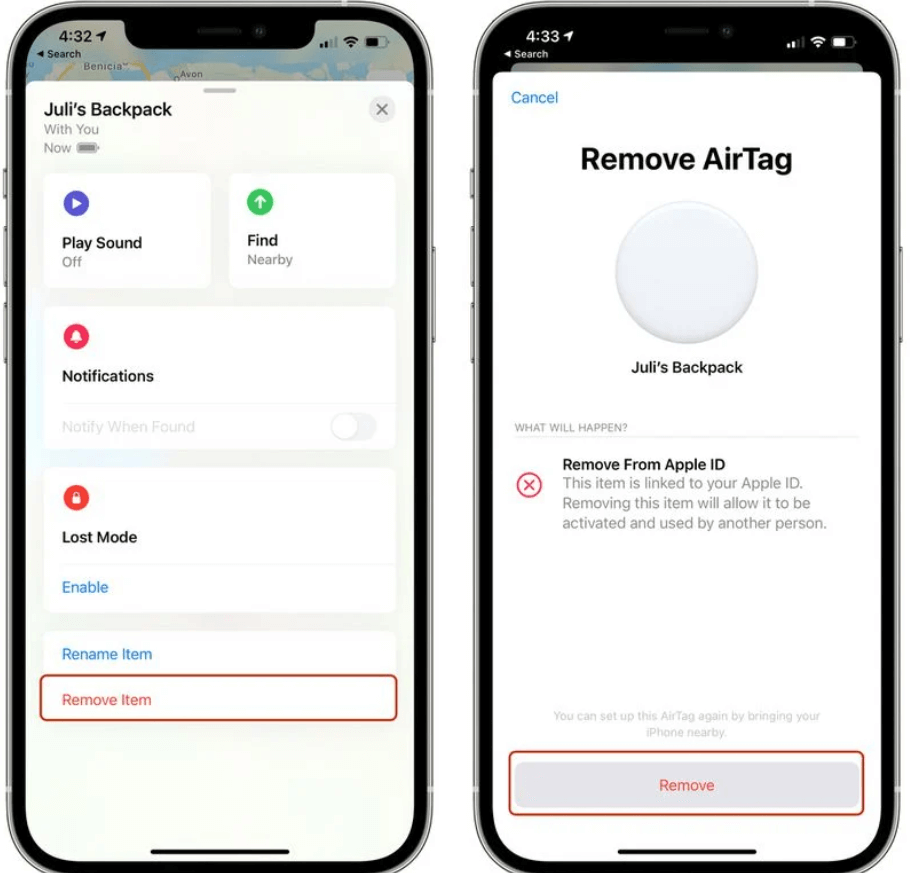 reset airtag with find my app