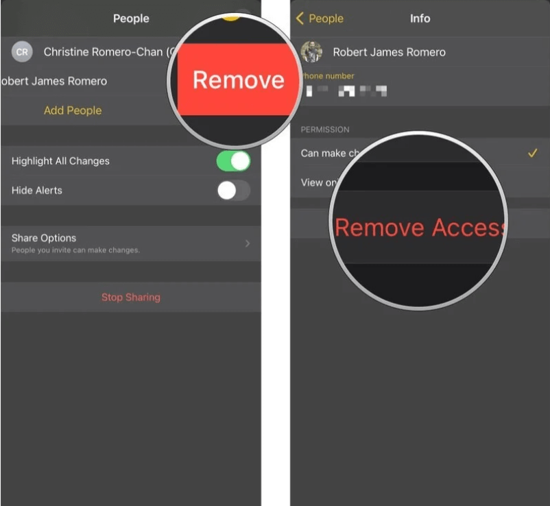 tap remove access to share notes on iphone