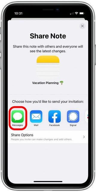 choose the option to share notes on iphone 