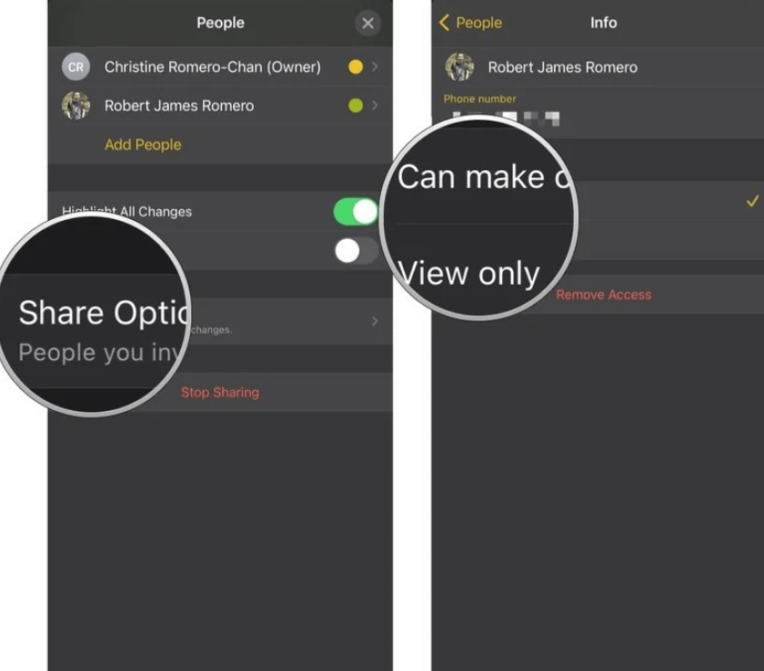 change permission to share notes on iphone 