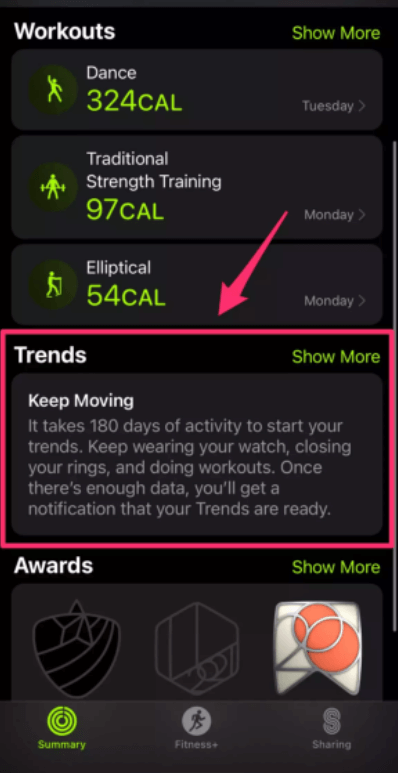 click trends to check steps on apple watch 