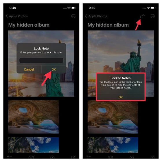 tap ok button to hide photos on iphone 