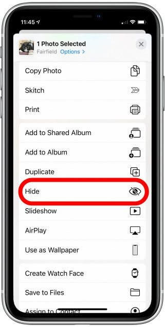 tap hide to hide photos on iphone 