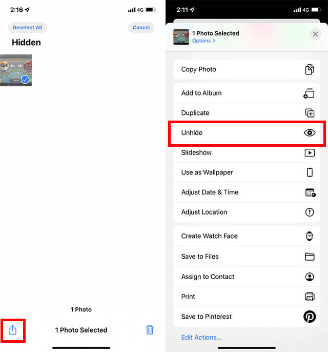 choose unhide to hide photos on iphone 