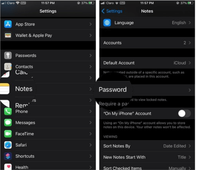 click password to lock notes on iphone 