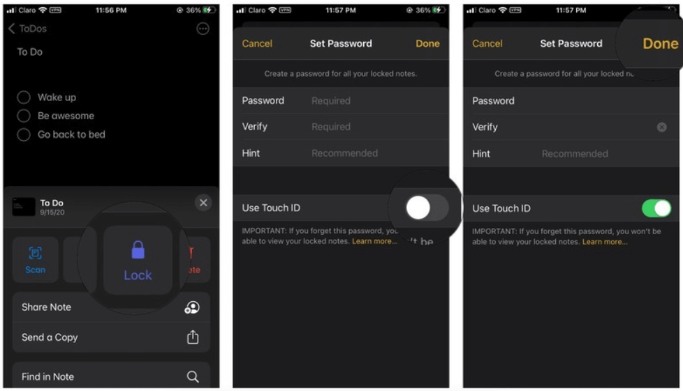 tap lock note to lock notes on iphone 