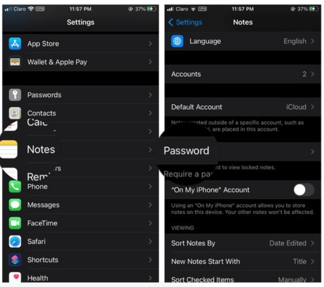 click on password to lock notes on iphone 