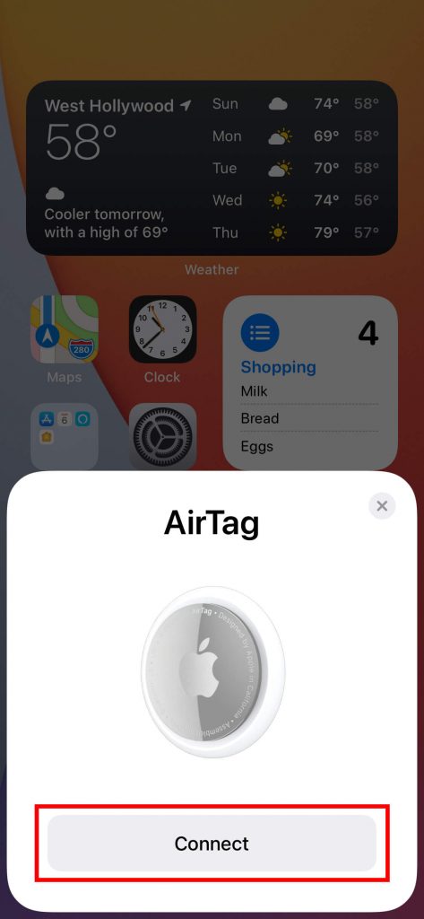 tap connect to set up airtag 