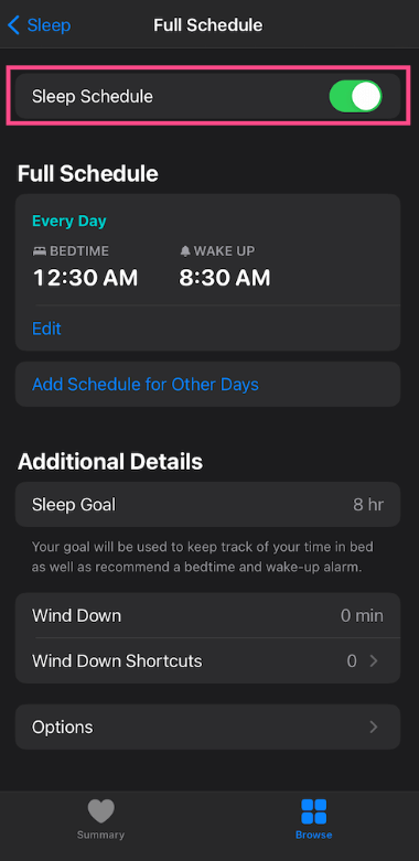tap sleep schedule to turn off sleep mode on iphone 