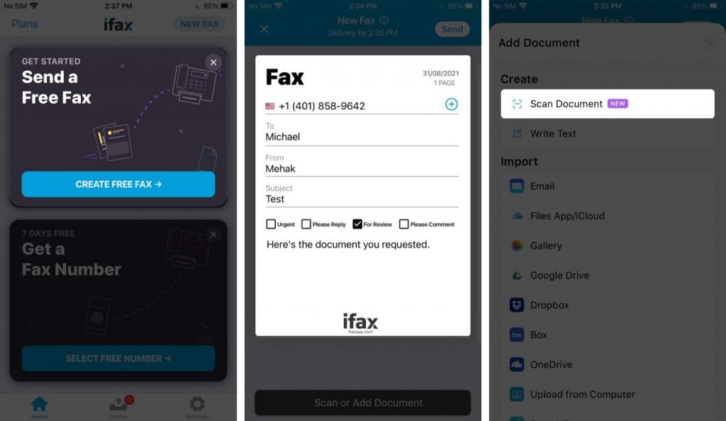 scan a document to send a fax from iphone 