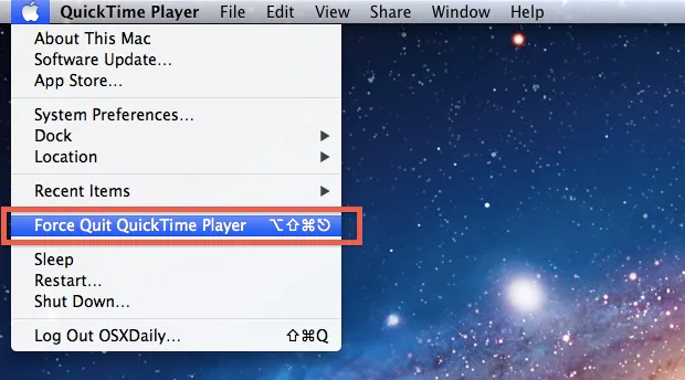 select Force Quit QuickTime Player option from the list