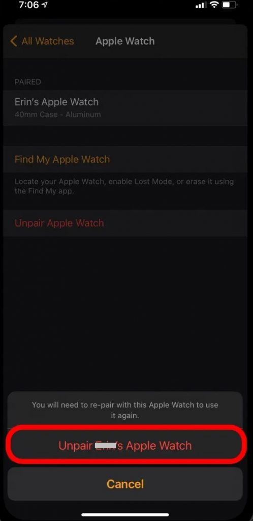Unpair Apple Watch 