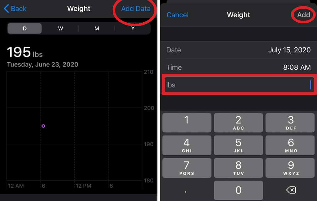 Update your Weight and tap add
