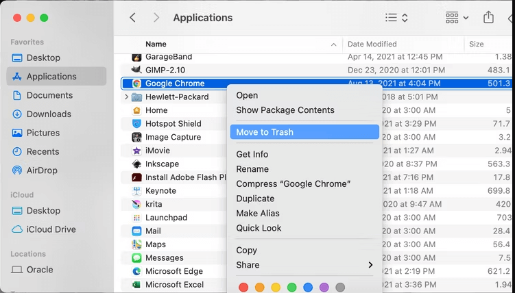 Select the Google Chrome and select Move to Trash to uninstall it from Mac