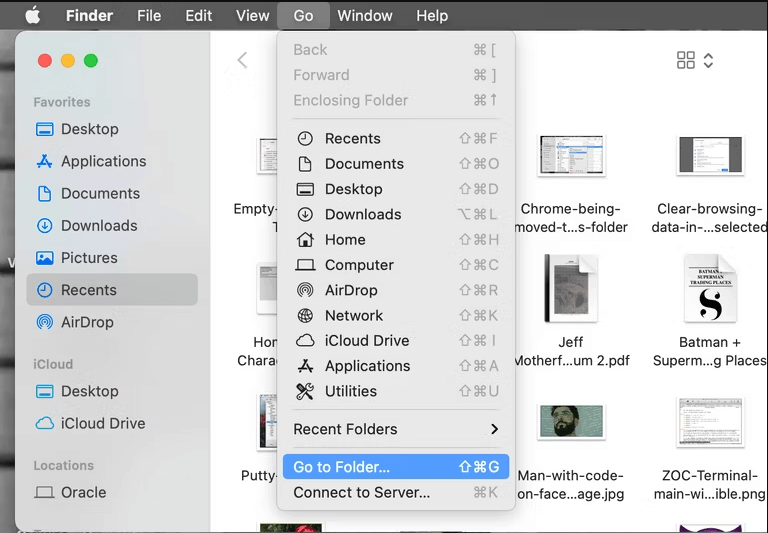 select Go to Folder option to delete Chromes profile information on Mac